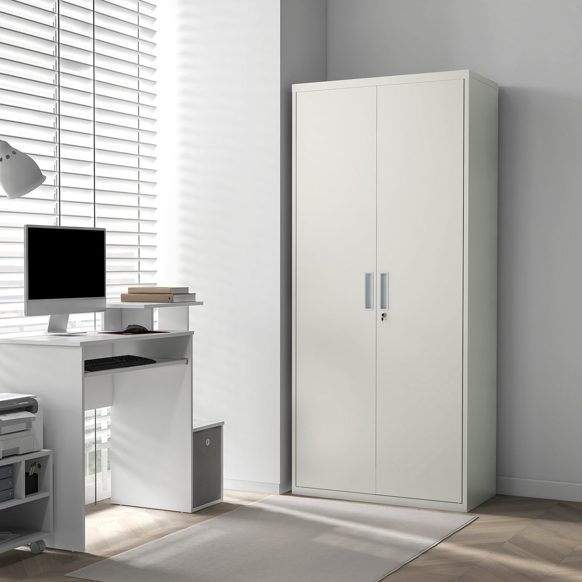 Five Shelf Lockable Steel Office Cabinet - White