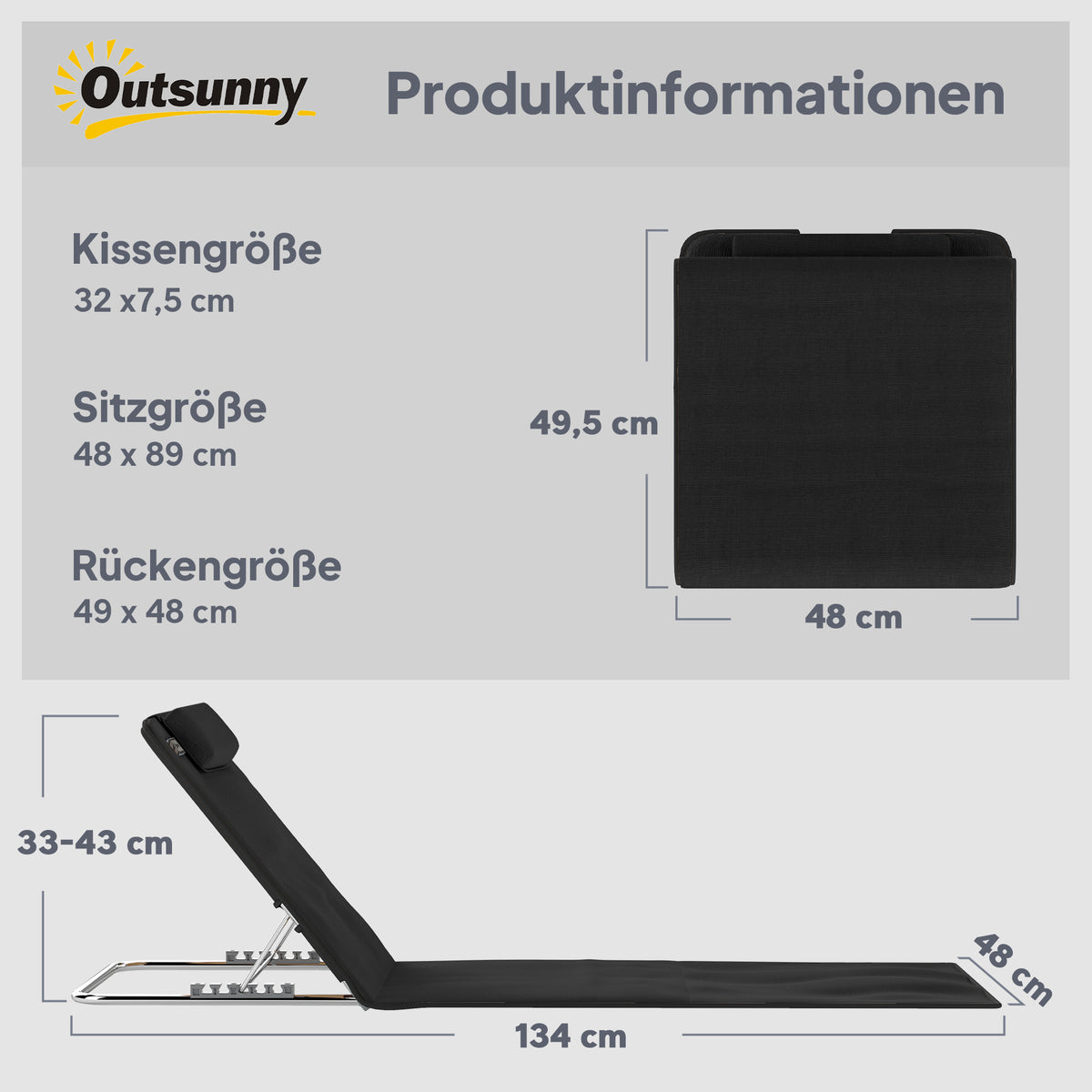 Strandliege Sonnenliege Gartenliege, klappbar, verstellbare R¨¹cklehne, Seitentasche, 48 cm x 134 cm x 33-43 cm, Schwarz