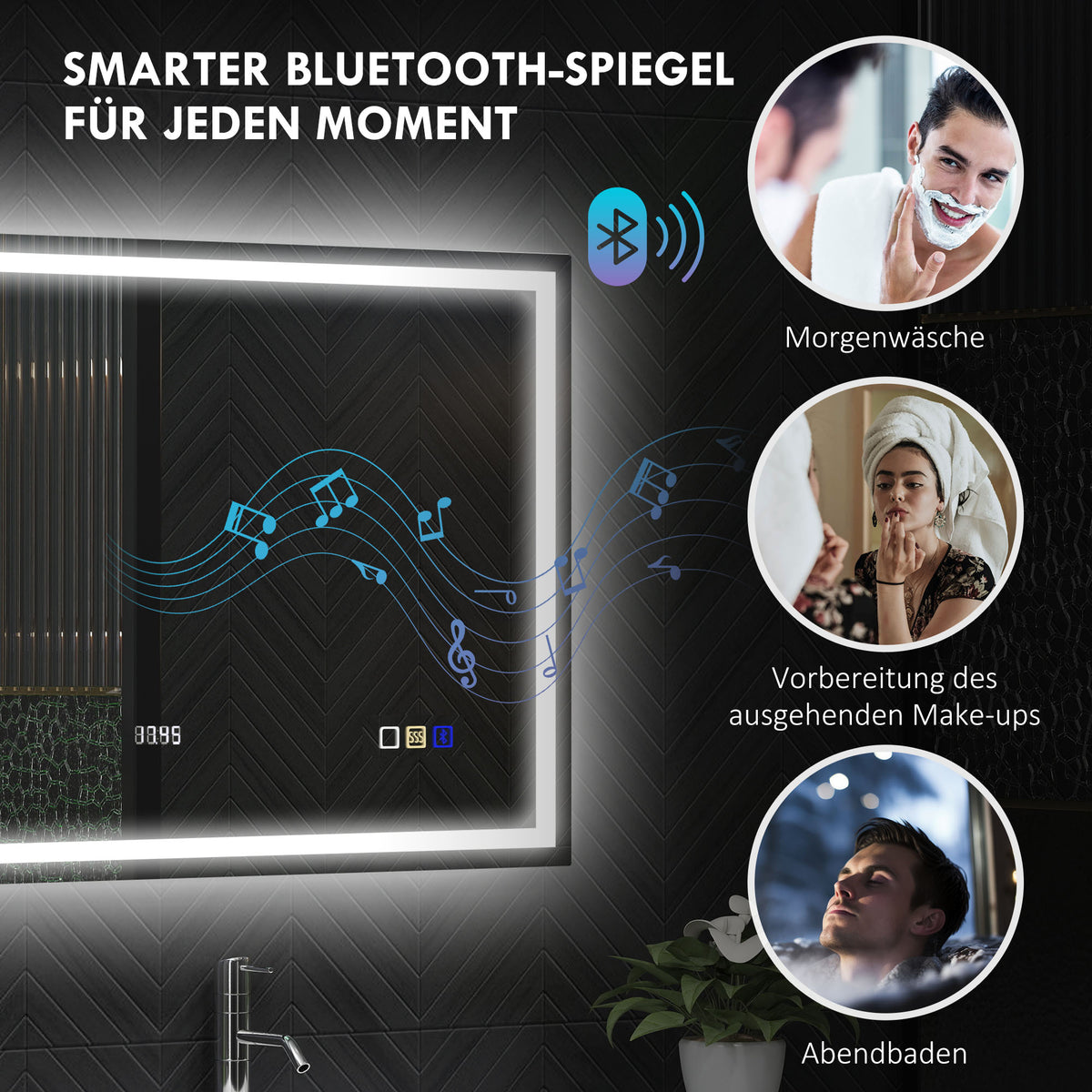Badspiegel mit Beleuchtung 100x80 cm LED Spiegel Uhr Silber