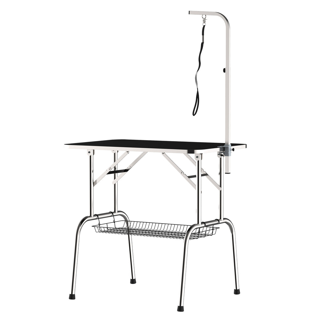 Trimmtisch für Hunde Hundepflegetisch klappbar, Haustierpflegetisch mit höhenverstellbarem Galgen, Schlingen, Netzkorb, Schertisch bis 150 kg, 90 x 60 x 75 cm, Schwarz