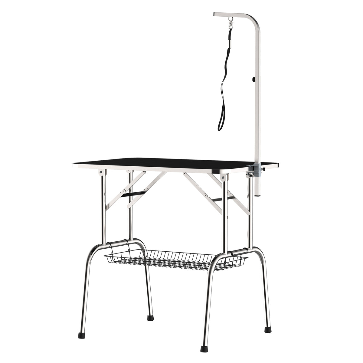 Trimmtisch für Hunde Hundepflegetisch klappbar, Haustierpflegetisch mit höhenverstellbarem Galgen, Schlingen, Netzkorb, Schertisch bis 150 kg, 90 x 60 x 75 cm, Schwarz