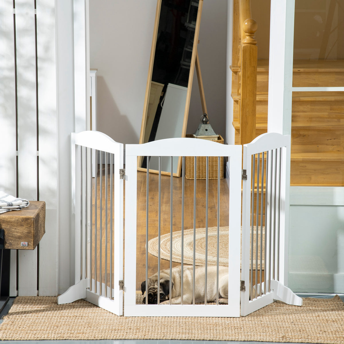 Foldable Dog Gate, Freestanding Pet Gate, with Two Support Feet, for Staircases, Hallways, Doorways - White