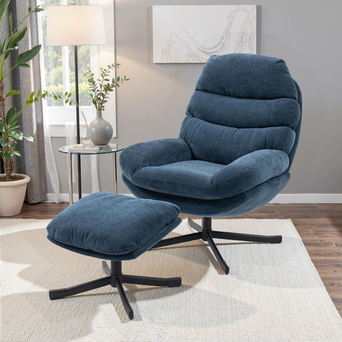 Relaxsessel mit Hocker Sessel Loungesessel mit Chenille-Stoff, Modern Fernsehsessel, 78 x 93 x 100 cm, Blau