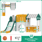 7-in-1 Kinderrutsche, Indoor-Spielplatz, Kletterger¨¹st, Haus, Tafel, Basketballkorb, 1-4 Jahre, Kunststoff, Gelb+Gr¨¹n