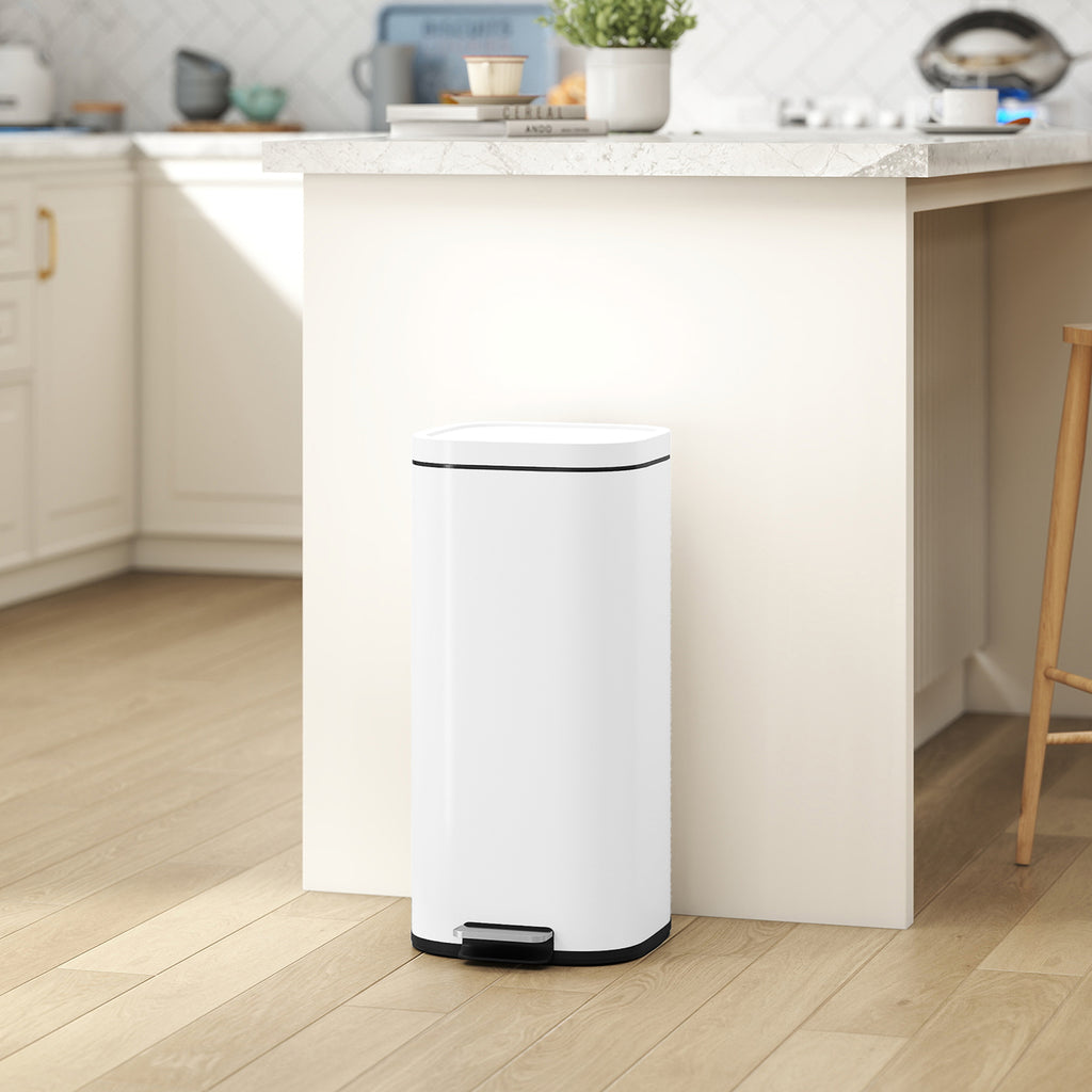 30L Kitchen Bin, Compact Pedal Bin with Soft-Close and Stay-Open Lid, Removable Bucket for Kitchen, Home, Office, White