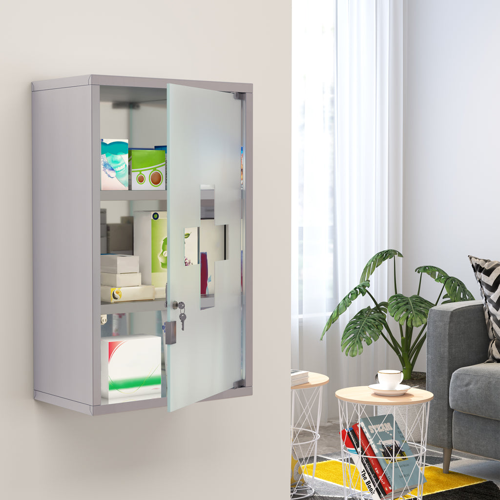 3 Tier Stainless Steel Wall Mounted Medicine Cabinet Glass Lockable Door Storage Shelves Houseware Bathroom Furniture w/2 Keys