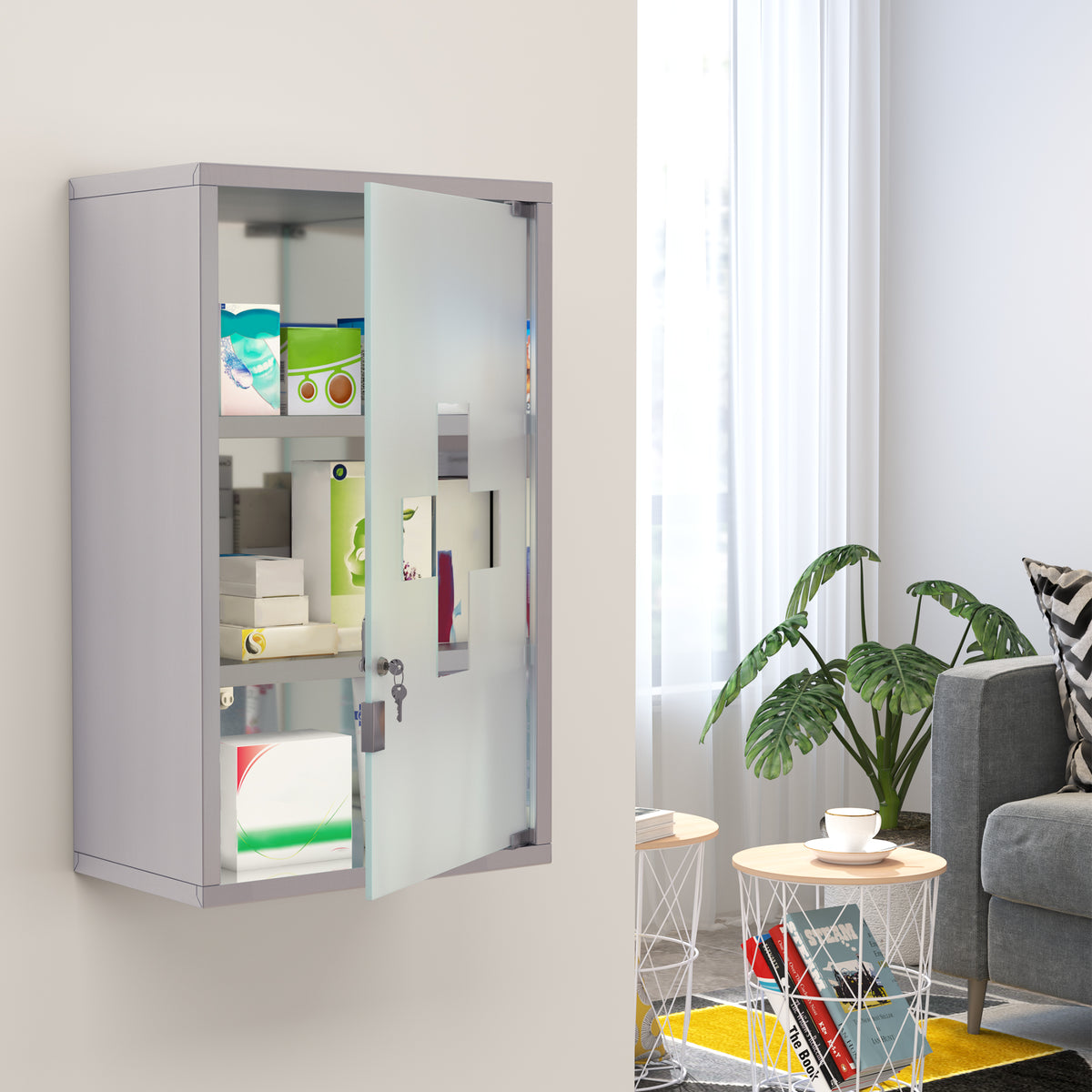3 Tier Stainless Steel Wall Mounted Medicine Cabinet Glass Lockable Door Storage Shelves Houseware Bathroom Furniture w/2 Keys