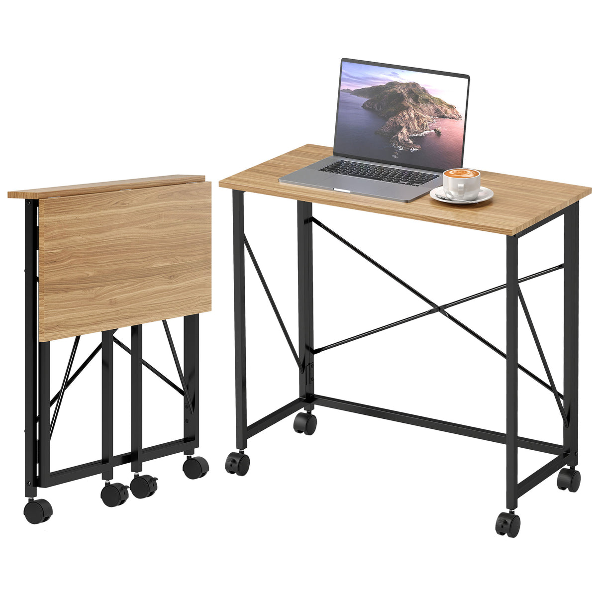Klappbarer Schreibtisch mit R?dern, platzsparend, Stahl, MDF, Eiche
