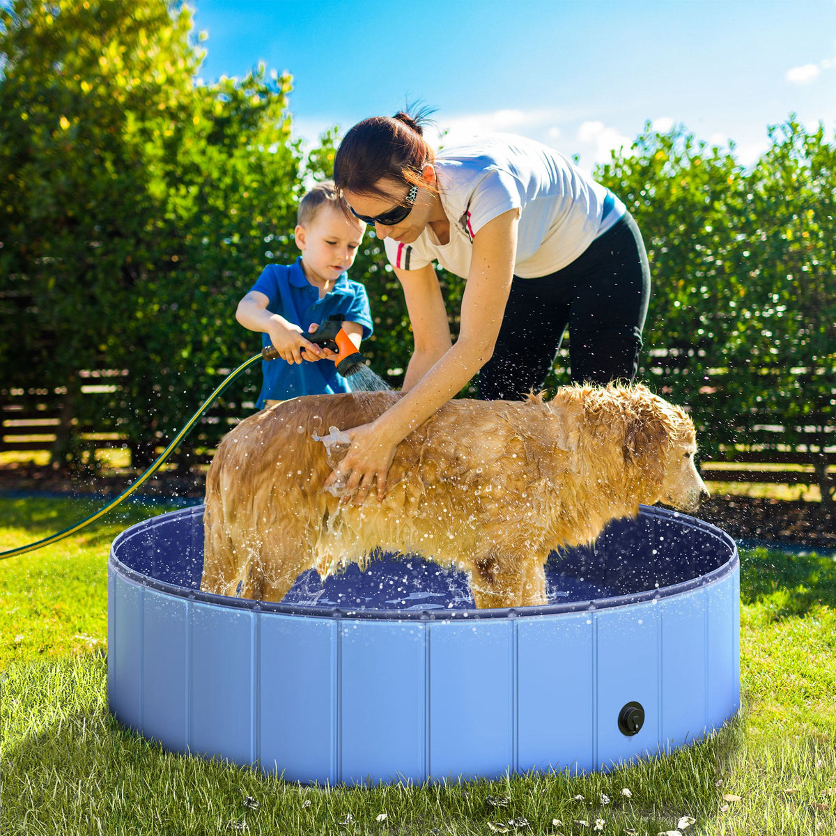 Dog Paddling Pool, Foldable Dog Pool, Leakproof & Hard Plastic, Portable Pet Bathtub with Non-Slip Base & Drainage Hole, for Indoors, Outdoors, Garden, Patio, 120 x 30 cm, Blue