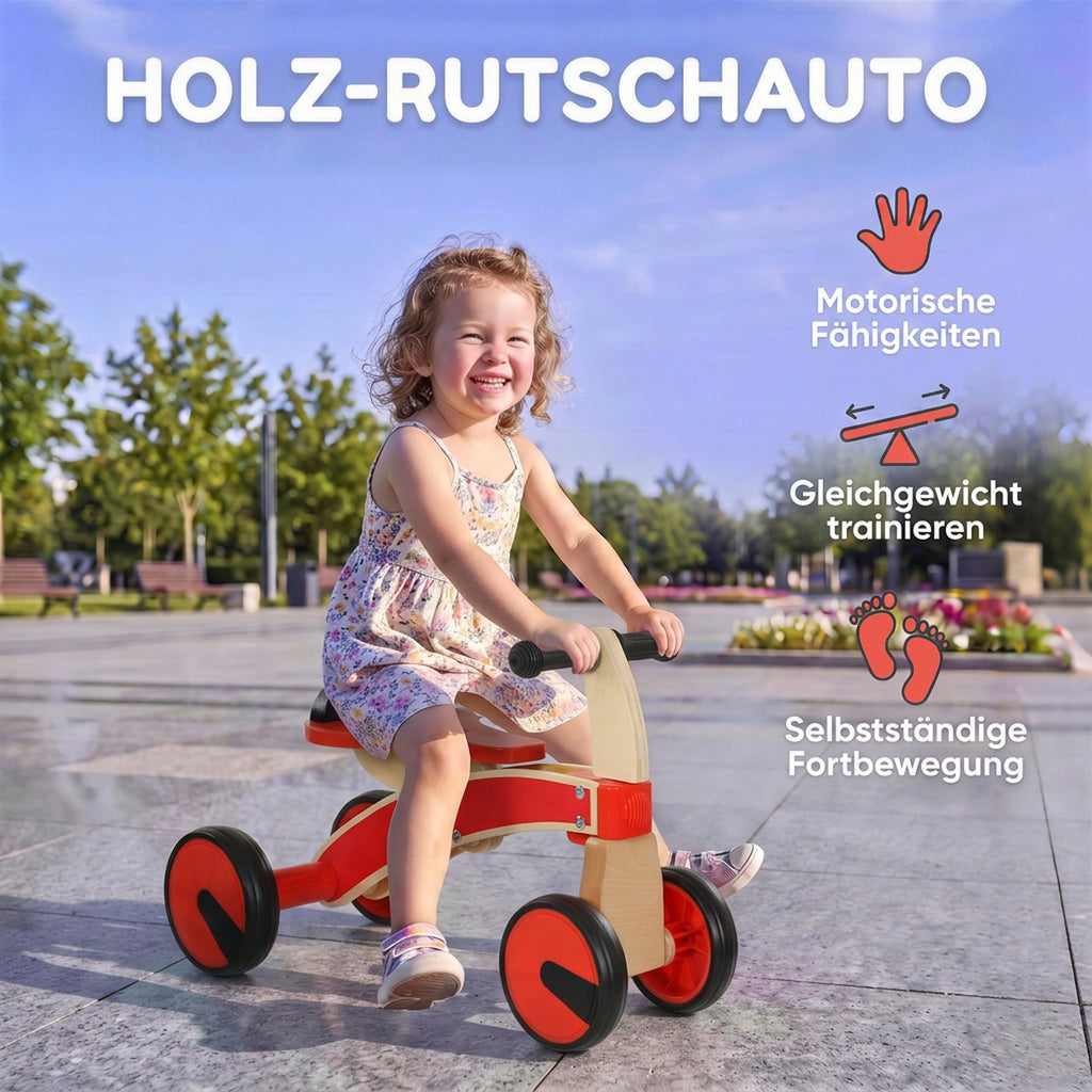 Rutschauto Kinder, Holz Rutschfahrzeug mit EVA-Rädern, höher Rückenlehne Kinder von 2–3 Jahre, Rot