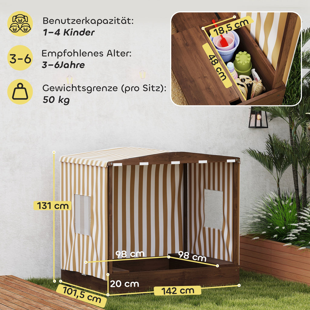Sandkasten, Sandkiste mit Vordach und Netzt¨¹r, Sitzb?nke, Bodenschutz, Braun