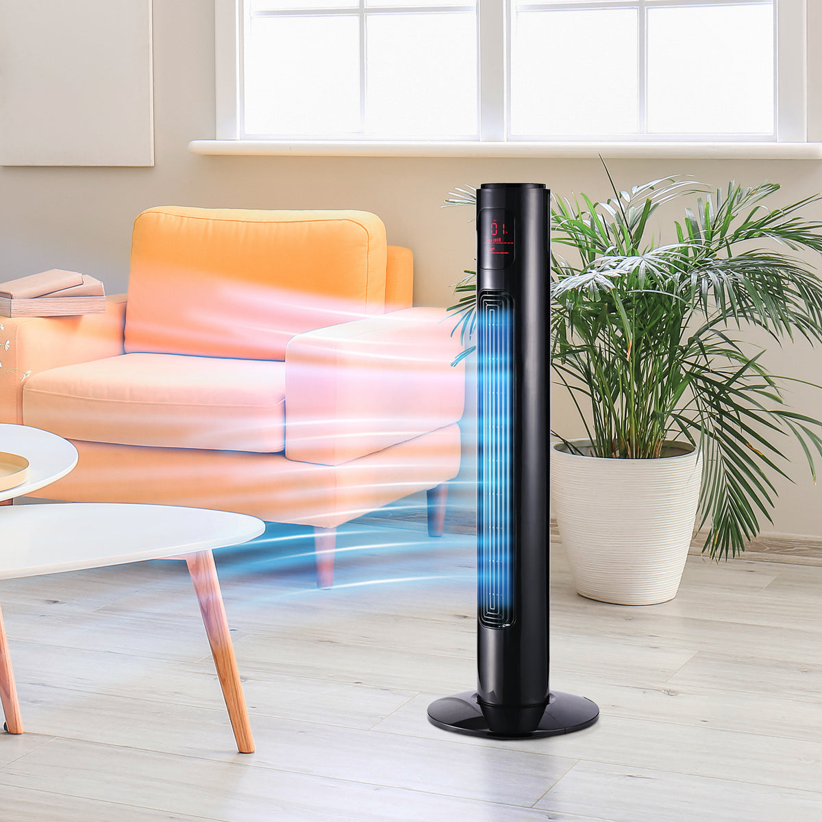 70° oszillierender Turmventilator mit Fernbedienung 3 Modi 3 Geschwindigkeiten Timer 32 x 32 x 96 cm Schwarz