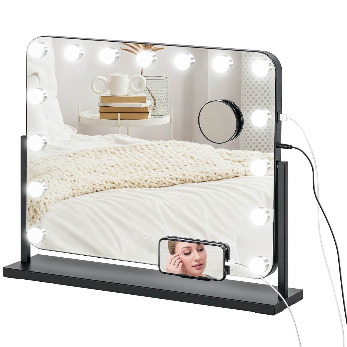LED Kosmetikspiegel, 3 Lichtmodi, dimmbar, Touchsteuerung, USB, 62,5x49,5cm, Schwarz
