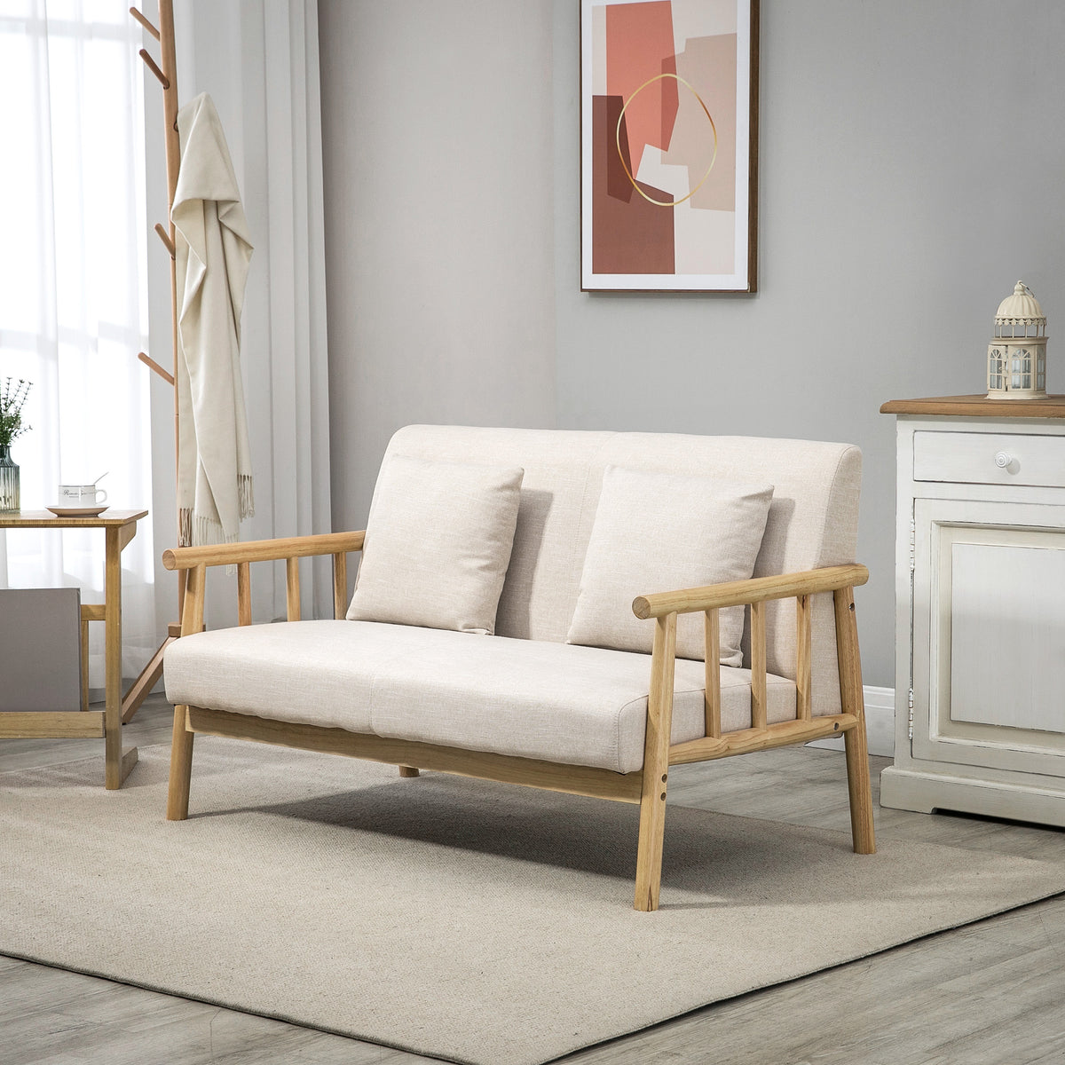 2-Sitzer Sofa, Stoffbezug in Leinenoptik, kompakt, bis 200 kg, Holzrahmen, 123L x 69B x 74H cm, Beige