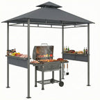 Grillpavillon 2,4 x 1,4 m, Windfest Grillüberdachung mit Doppeldach Lüftungsöffnung Seitenregalen