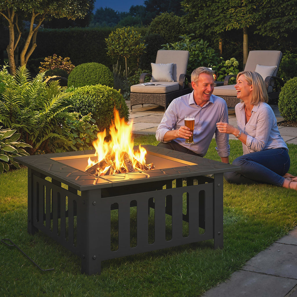 Feuerschale aus Stahl Feuerstelle mit Funkenschutz Schürhaken für Outdoor BBQ Camping 67x67x47cm Schwarz