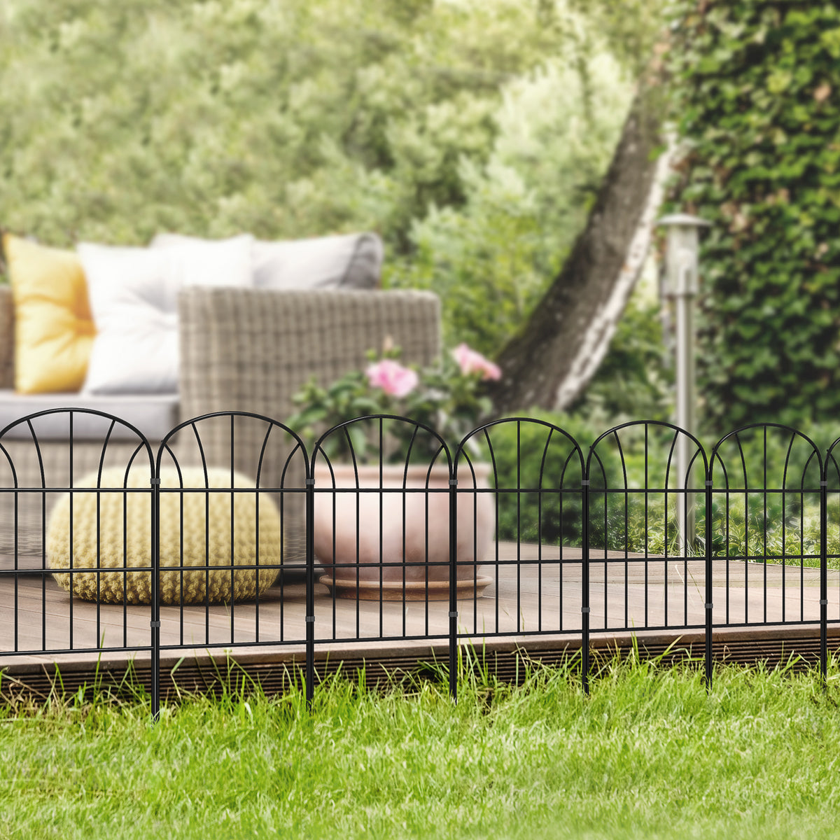 Metal Decorative Outdoor Picket Fence Panels Set of 8, Black