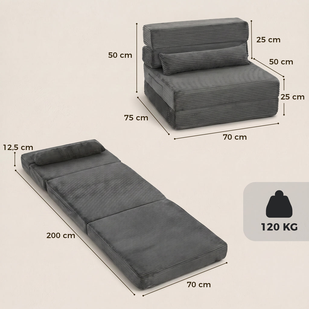 Bodenstuhl mit Rückenstütze, Cord Boneless Cloud Faltbares Schlafsofa mit dickem Polster, Dunkelgrau