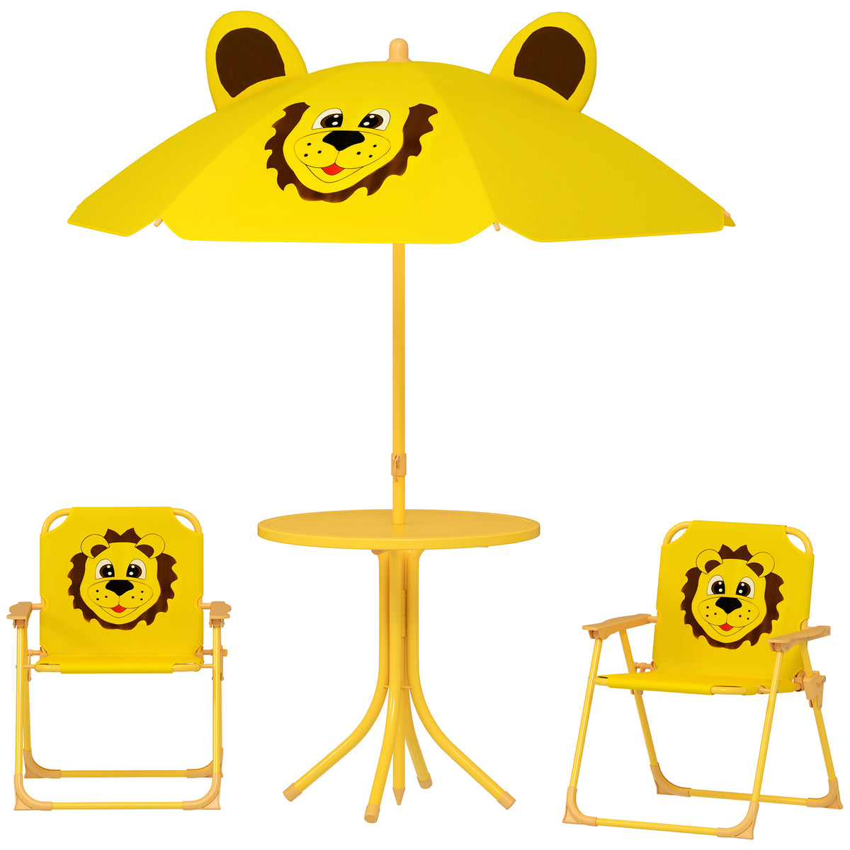 Gartenmöbel-Set für Kinder, Stühle, Tisch, Sonnenschirm, Löwen-Design, Gelb