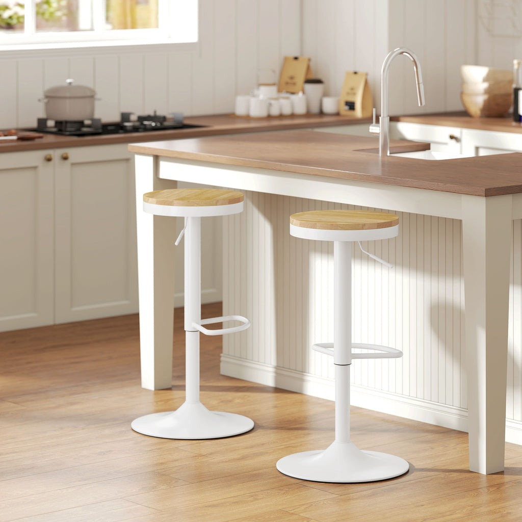 Barhocker 2er Set, Höhenverstellbar 360° Drehbar Barstuhl mit Stahlgestell Fußstütze 38,5x38,5x60-80 cm Naturholz+Weiß