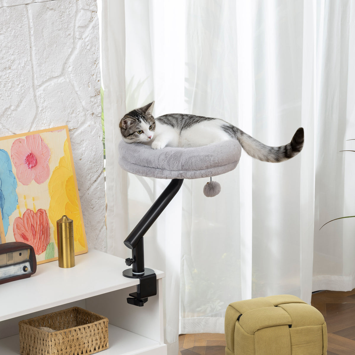 Katzen-Schreibtischbett, Katzenbett für Schreibtisch mit 360°Drehung, verstellbarer Höhe, Katzenliege mit abnehmbarem, maschinenwaschbarem Bett, für Katzen unter 6 kg, Heimbüro, Grau