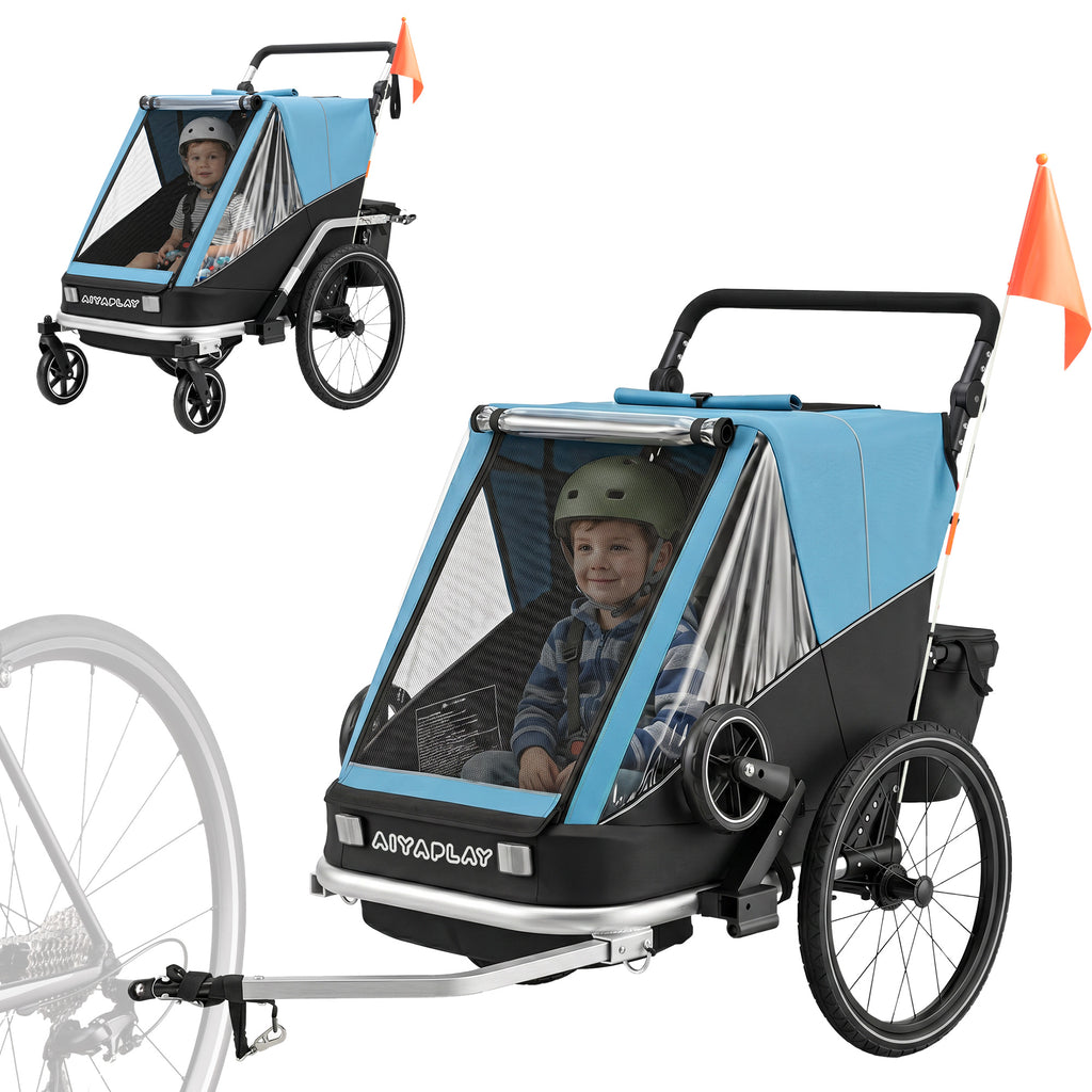 Fahrradanhänger für Kinder, 2-Sitzer, 2-in-1 faltbarer Kinderfahrradanhänger mit verstellbarem Sitz und Gurten, Blau