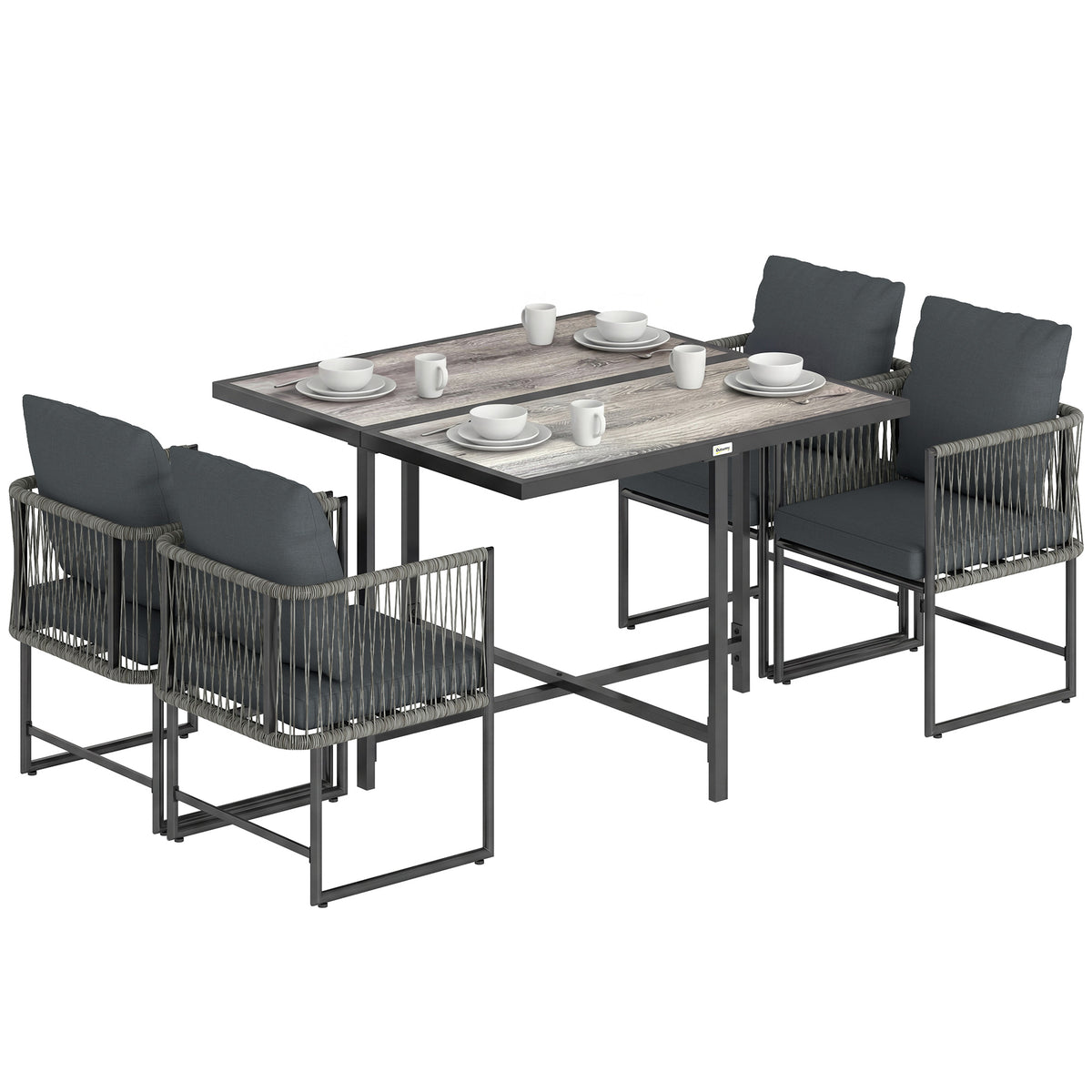 Polyrattan Gartenmöbel Set 5-teilig Platzsparend Sitzgruppe Tisch mit 4 Stühlen DPC-Tischplatte Kissen Grau