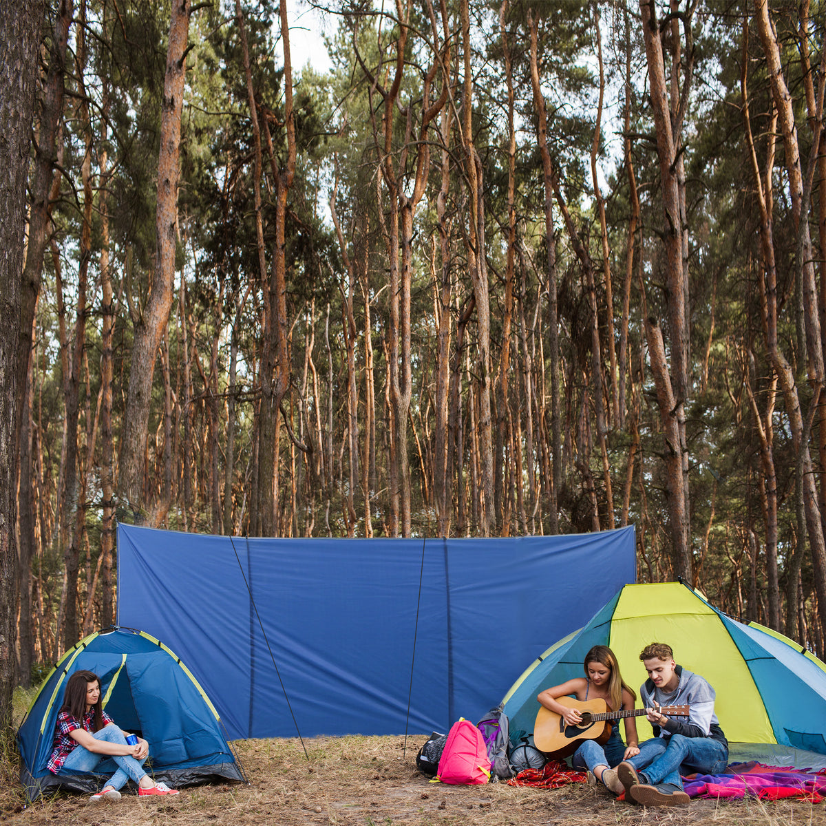 Windschutz faltbar Camping Sichtschutz mit Tragetasche Stahlstangen für Camping Garten Strand 450 x 150 cm Blau