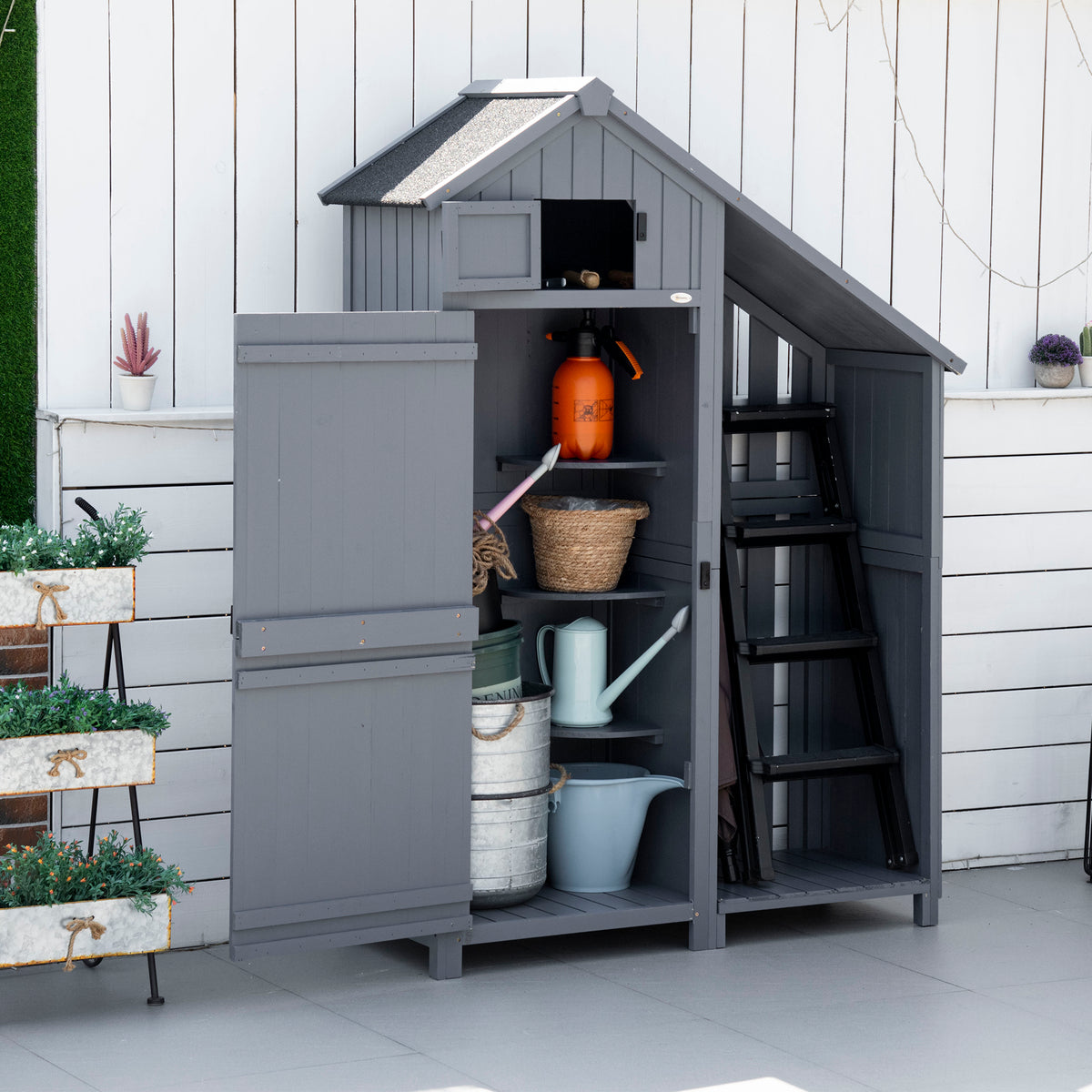  Garden Outdoor Storage Shed Outdoor Tool Shed with 3 Shelves and Tilt Roof, 129x51.5x180cm, Grey