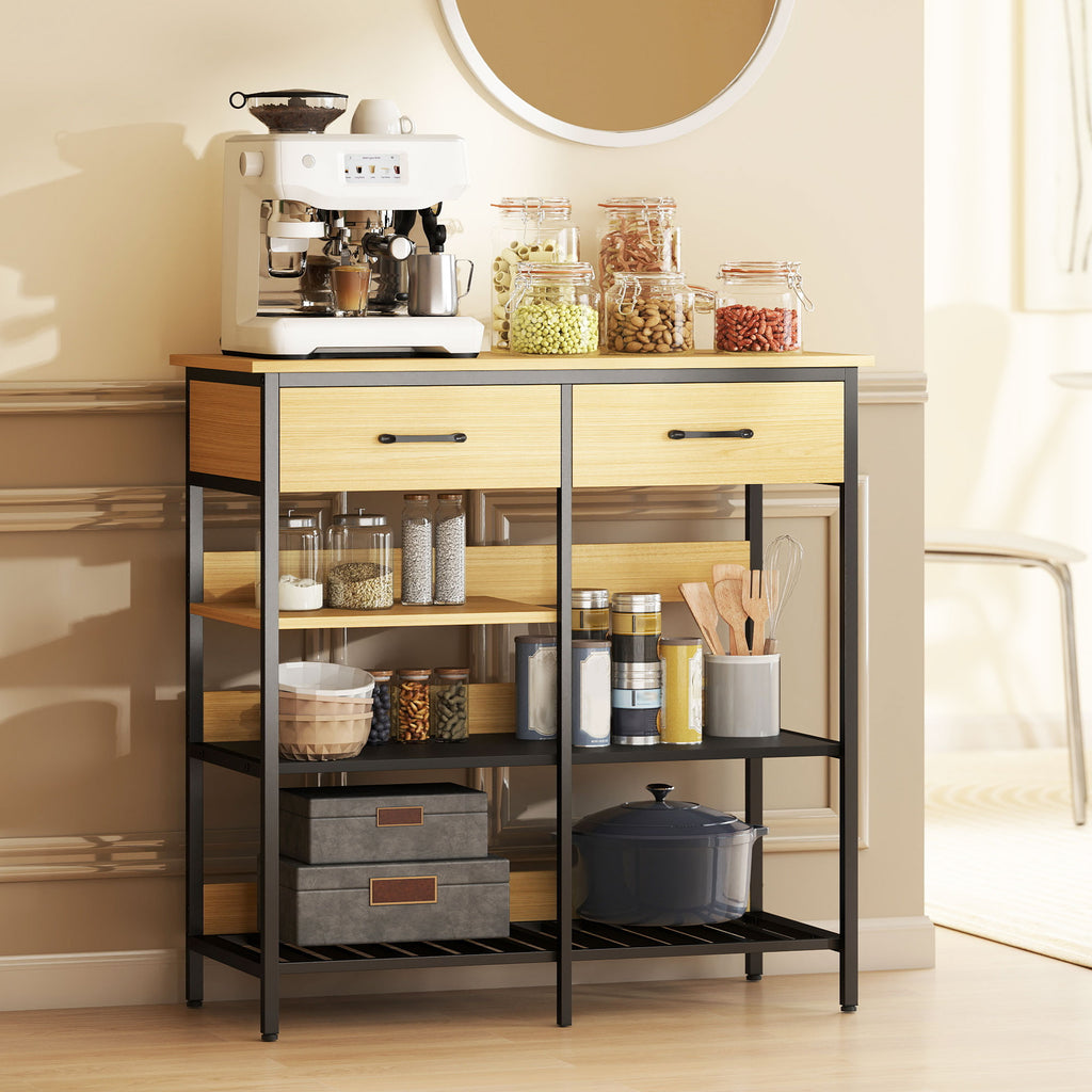 Sideboard, Kommode mit 2 Schubladen, 3 offenen Regalen Küchenschrankfür Küche, Wohnzimmer 90 x 40 x 91 cm, Naturholz