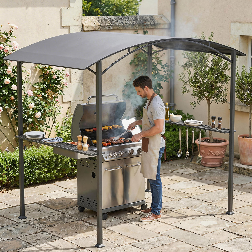 Grillpavillon 2,4 x 1,5 m flammhemmend Gartenpavillon mit Bogendach Seitenregale Haken Dunkelgrau