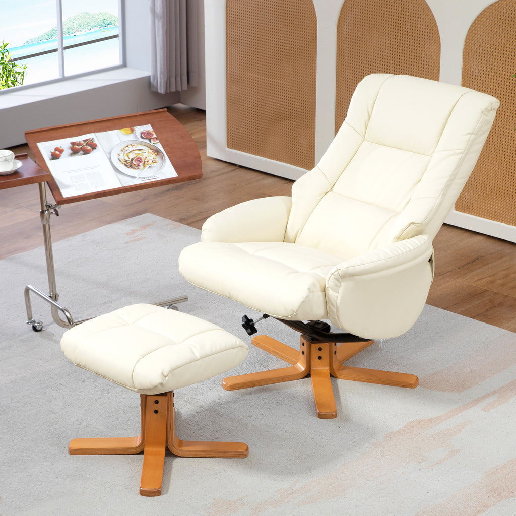 Relaxsessel mit Hocker, Liegefunktion, Kunstlederbezug, bis 150 kg, 71 x 84 x 102 cm, Cremeweiß