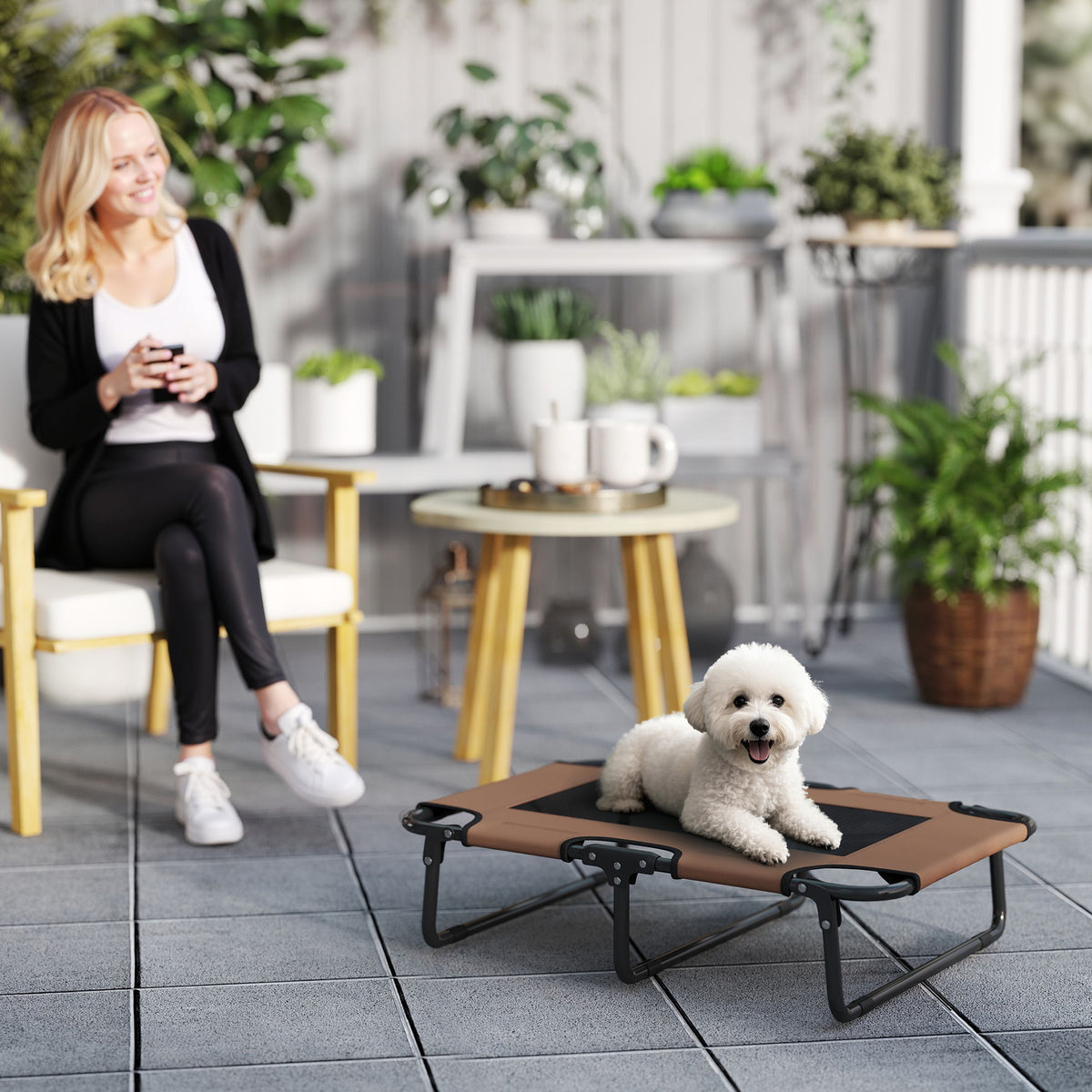 Erh?htes Hundebett klappbar Haustierbett, Outdoor Hundeliege mit Netzdesign Kaffee Oxford 75 x 51 x 18 cm
