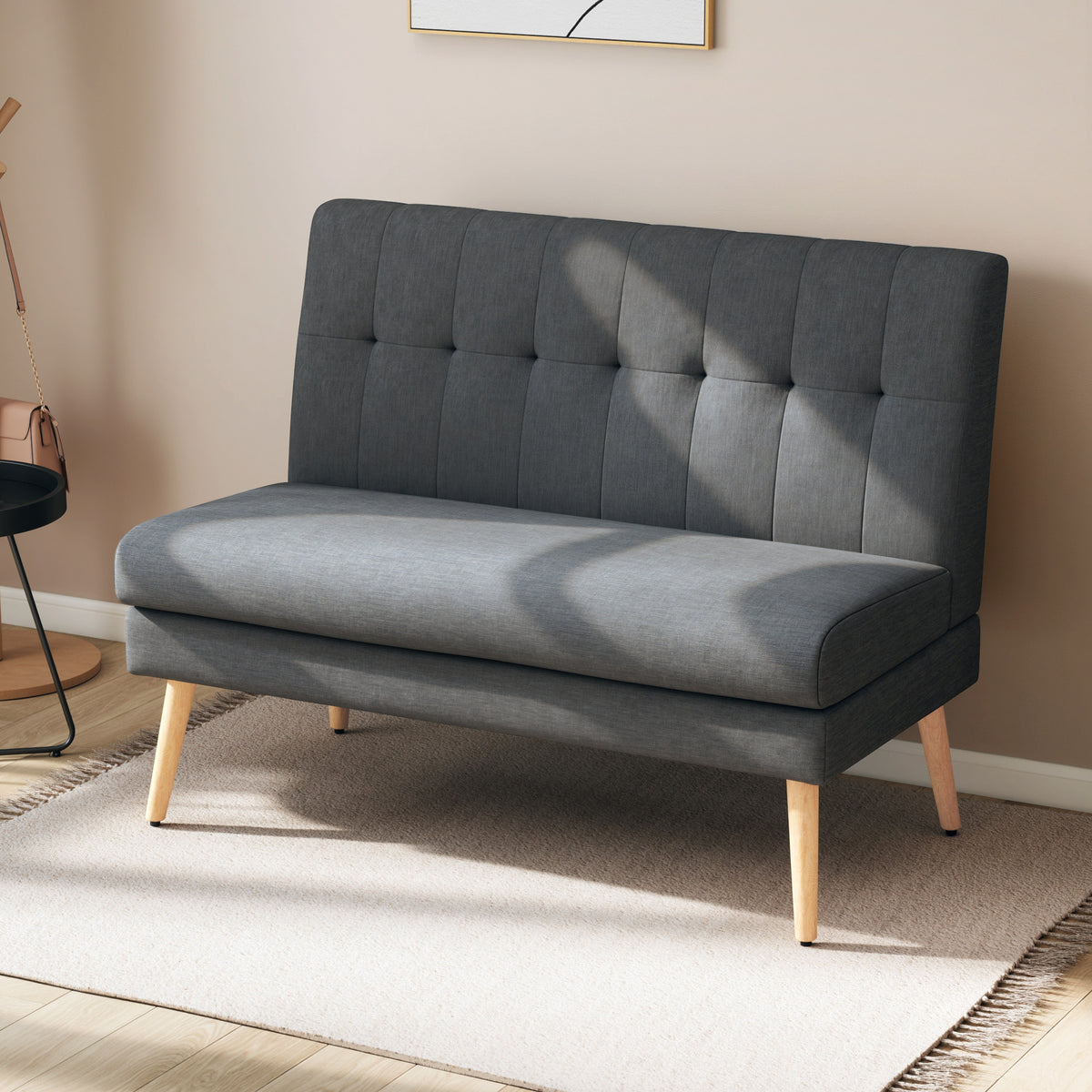 2-Sitzer-Sofa, getuftete Rückenlehne, Holzbeine, dicke Polsterung, Leinenoptik, für kleine Räume, Grau
