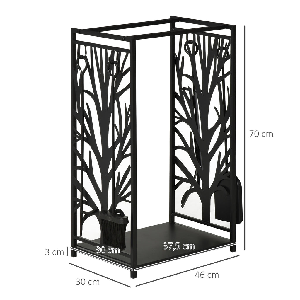 Kaminholzregal für innen Stahl 46 x 30 x 70cm Brennholzregal mit 4 Kaminwerkzeug Haken Kaminbesteck Set Kaminholzständer für Kamin Ofen Feuerholzregal Kaminholzhalter für Feuerholz, Schwarz