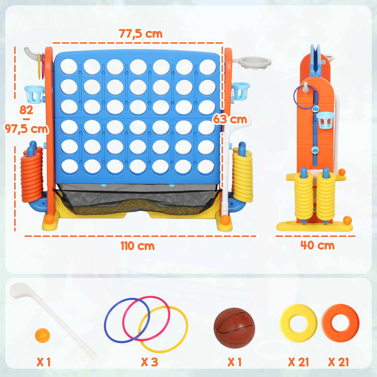 4-in-1 Spiele-Set, Vier Gewinnt, h?henverstellbar, Netz-Tasche, Kunststoff, Bunt
