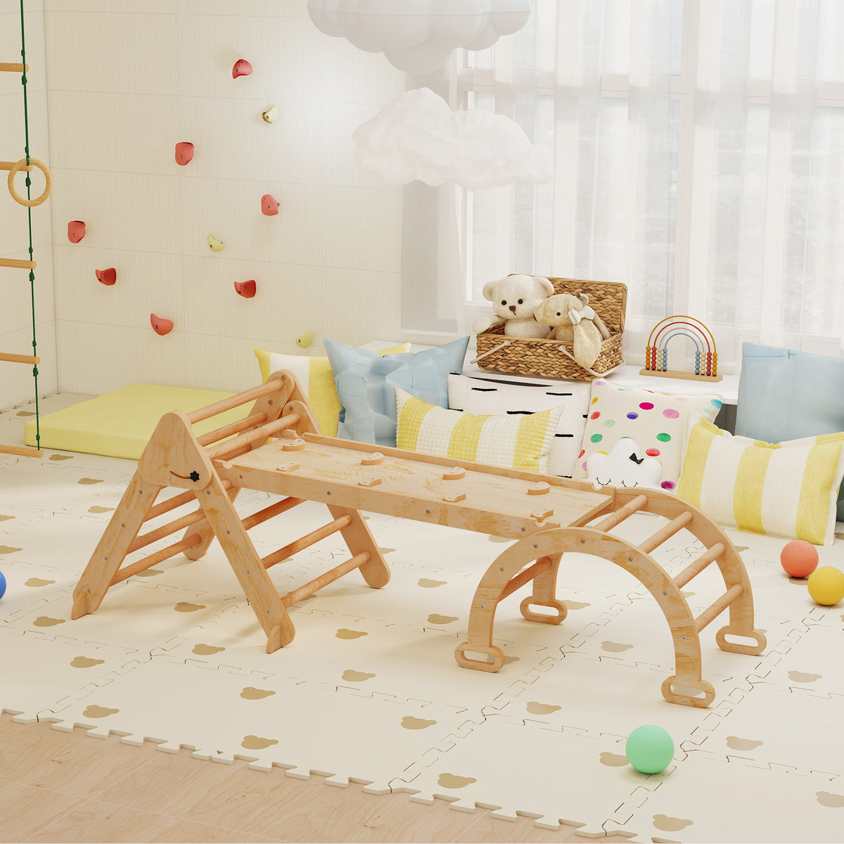7-in-1 Kletterger¨¹st, Bogenleiter, Dreiecksleiter, Rampe, Kletterwand, Rutsche, f¨¹r Kinder von 1,5-4 Jahren, zusammenklappbar, Holz