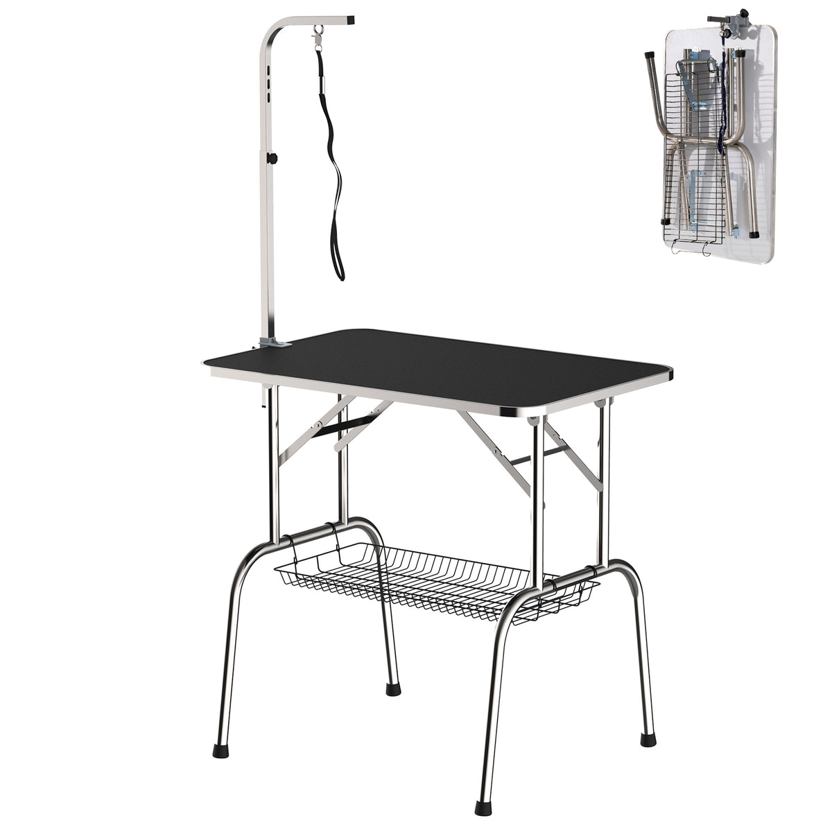 Trimmtisch für Hunde Hundepflegetisch klappbar, Haustierpflegetisch mit höhenverstellbarem Galgen, Schlingen, Netzkorb, Schertisch bis 150 kg, 90 x 60 x 75 cm, Schwarz