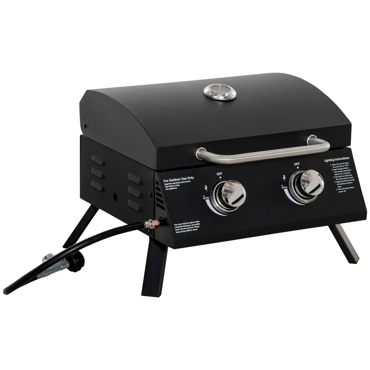 Tischgrill Gasgrill BBQ mit 2 Brennern mobiler Grillwagen Grillnetz klein Outdoor Tischgasgrill Picknick mit Druckminderer Schlauch Edelstahl Schwarz 55 x 46,5 x 41 cm