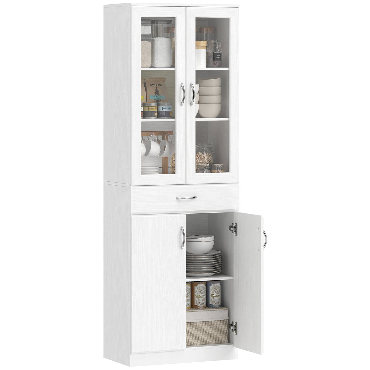 K¨¹chenschrank Buffetschrank mit verstellbar Regal Schublade 2 Schrank Hochschrank mit Glast¨¹r 60 x 35 x 180 cm Wei?