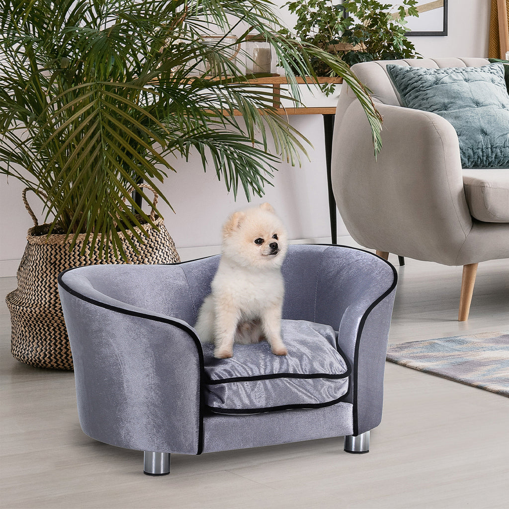 Dog Sofa Bed for Miniature Dogs, Pet Couch Kitten Lounge with Removable Soft Cushion, Thick Sponge, Wooden Frame, Storage Pocket