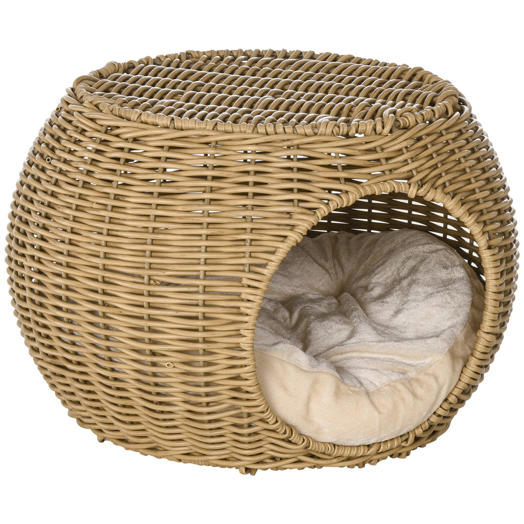 Katzenkorb Rattan zweistöckig Katzenbett Katzenkörbchen mit Kissen Vordertür für Katze unter 3,5 kg Ø40 x 30 cm