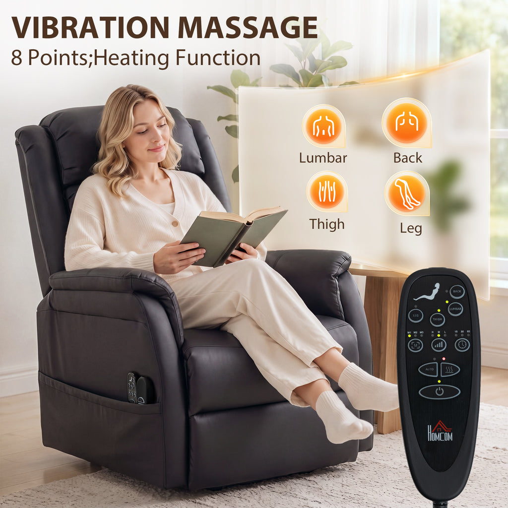 Elektrischer Aufstehsessel mit Vibrationsmassage und Wärmefunktion, Senioren-Sessel aus braunem PU-Leder