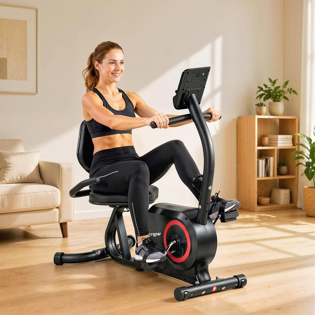 Liegeergometer für Zuhause mit 8 verstellbar Widerstandsstufe Magnetbremse APP Pulssensor LCD-Display Fußriemen