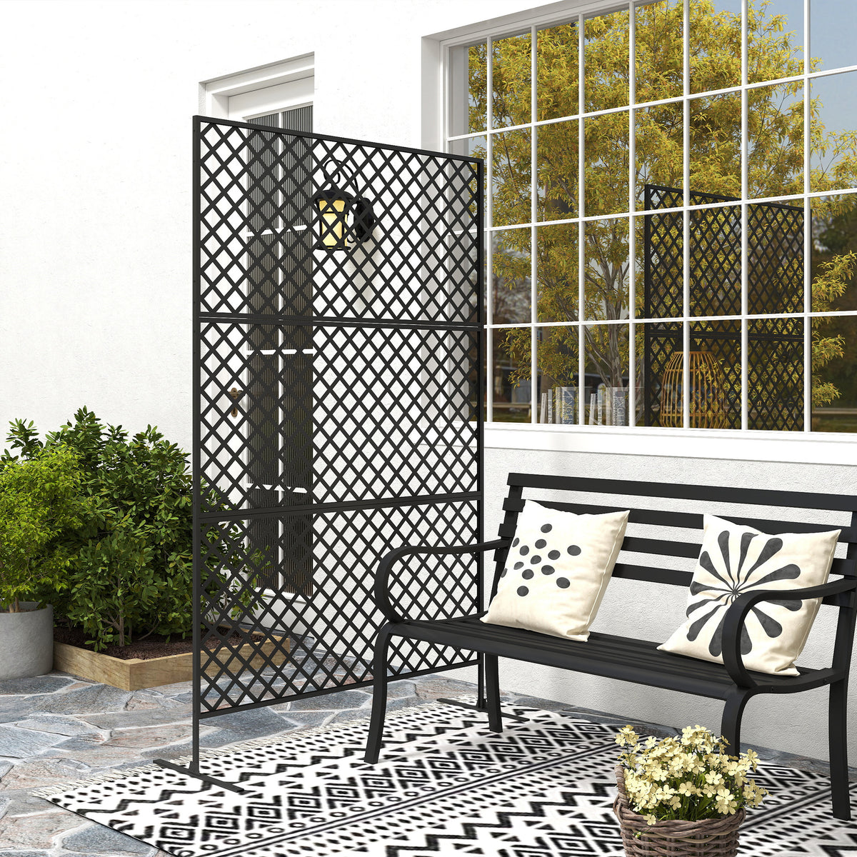 Outdoor-Raumteiler, Metall-Wandschirm für Terrasse, Veranda, Garten, Freistehendes Rankengitter, Stahl, Schwarz