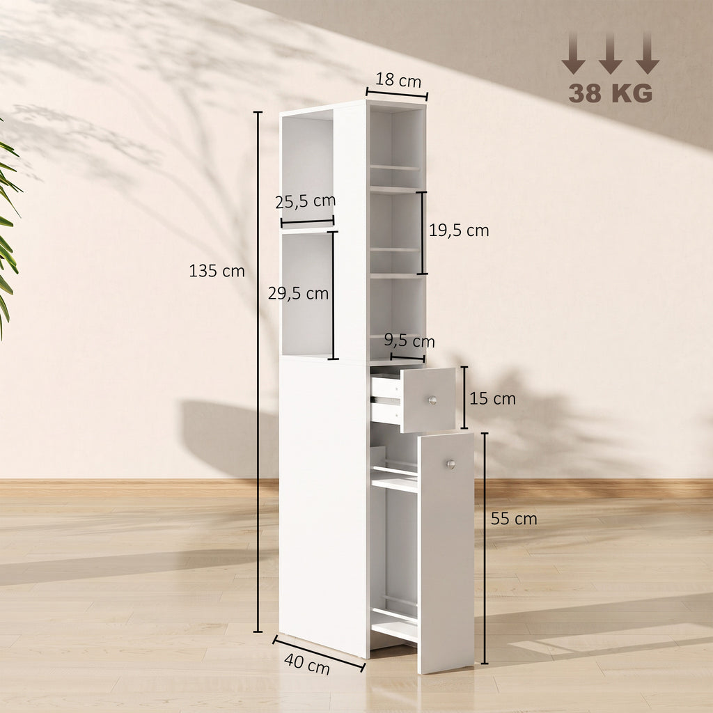 Schmaler hoher Badezimmerschrank, 135 cm Badschrank mit 2 Schubladen, weiß