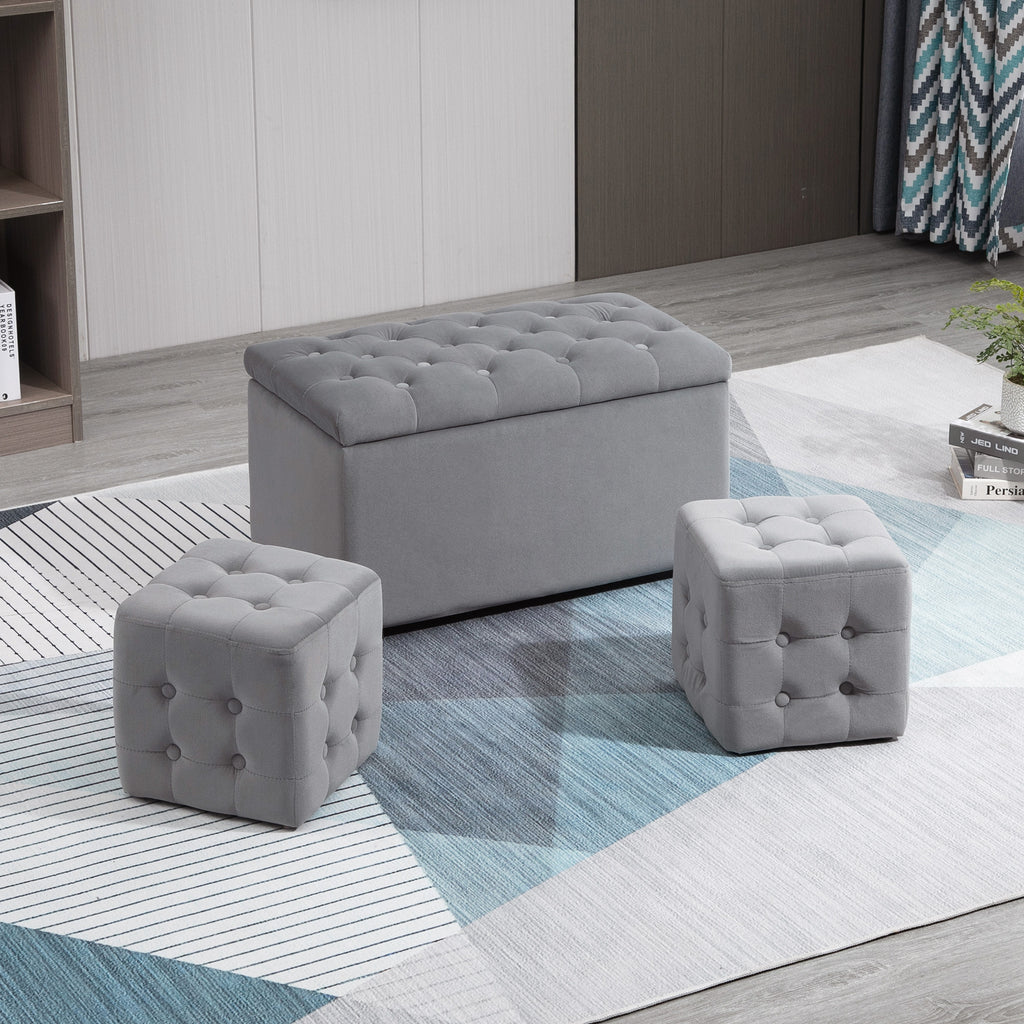 3-teiliges Set mit Stauraum, 2 x Sitzhocker, Polster-Sitztruhe, Fußhocker, Aufbewahrungsbox, Fußablage, belastbar bis 130 kg, Mikrofaserstoff, Schaumstoff, 75 x 40 x 42 cm, Hellgrau