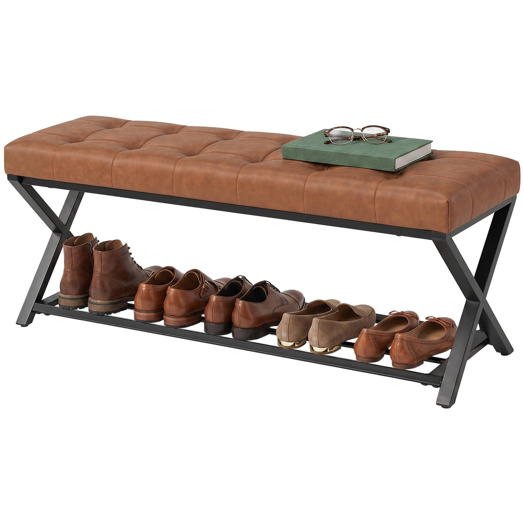 Schuhbank, Eingangsbank mit Kunstlederpolster, Ablage bis 220 kg für Flur, Eingangsbereich, 112 x 37 x 47 cm, Braun