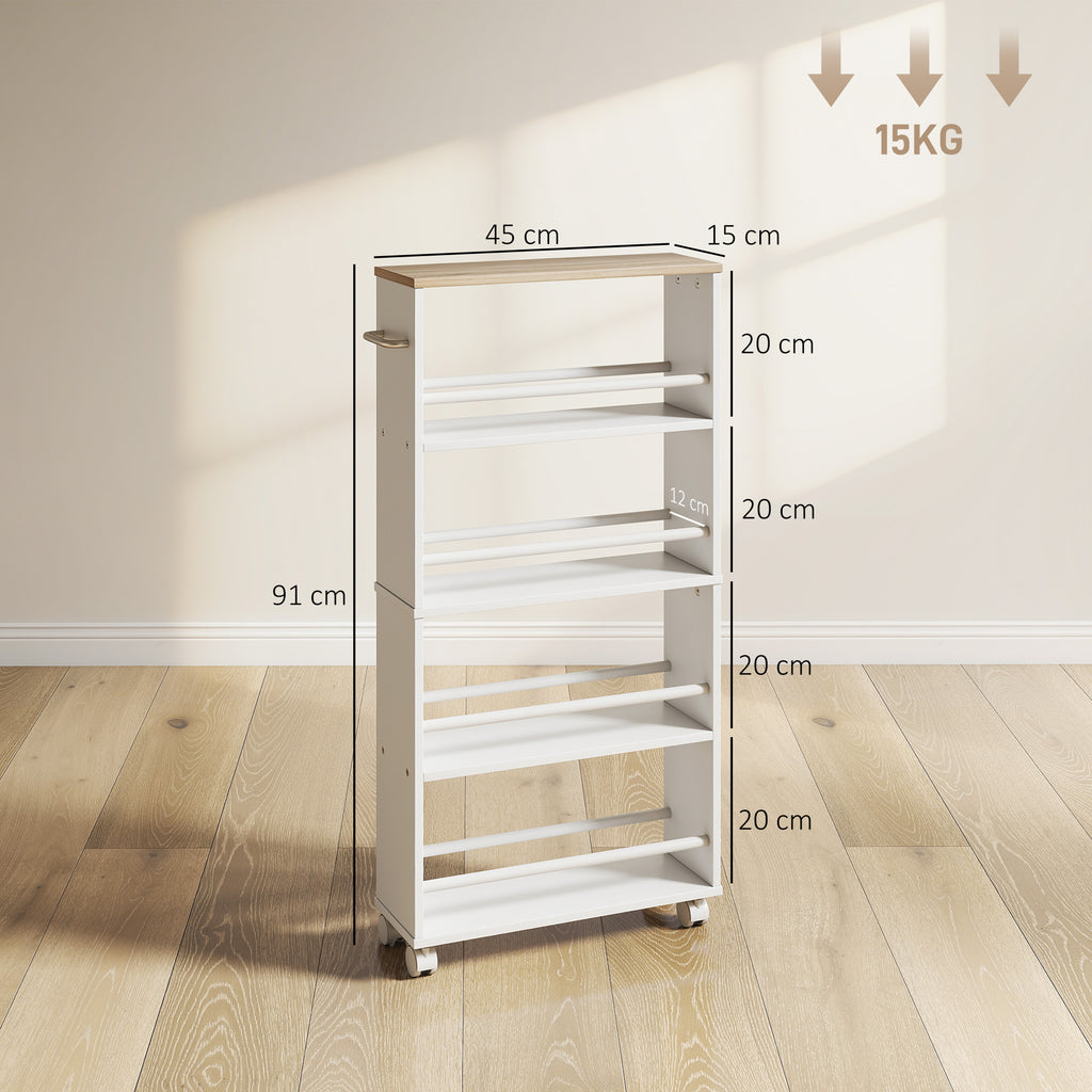 Multifunktionsregal mit Rollen, schmale Bauweise, 4 F?cher, 45x15x91 cm, Natur