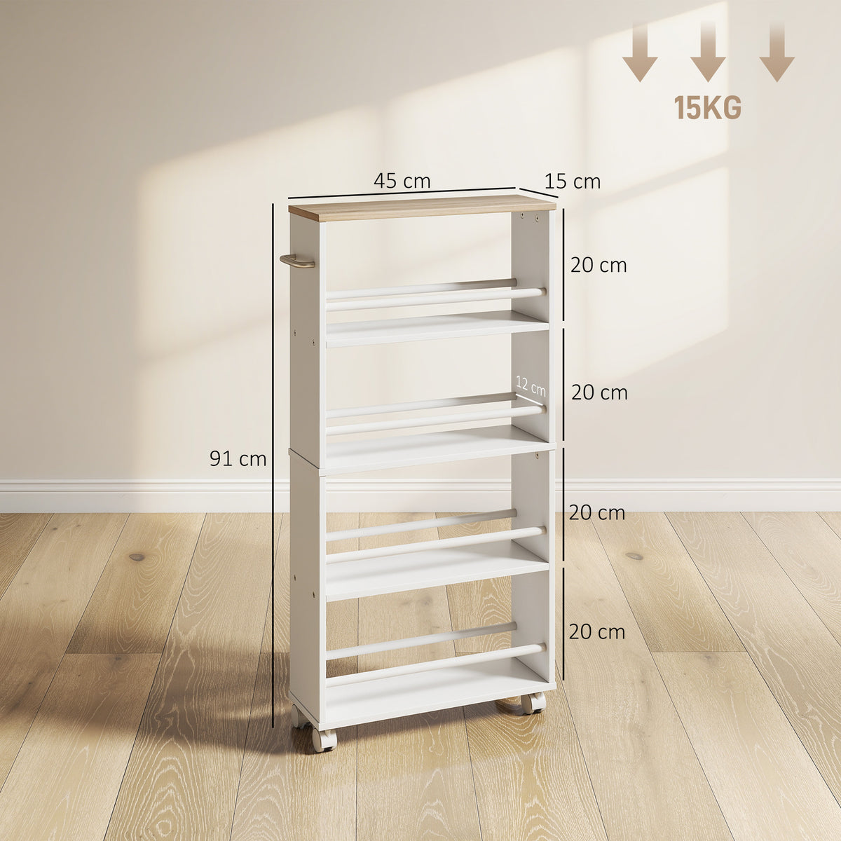 Multifunktionsregal mit Rollen, schmale Bauweise, 4 F?cher, 45x15x91 cm, Natur